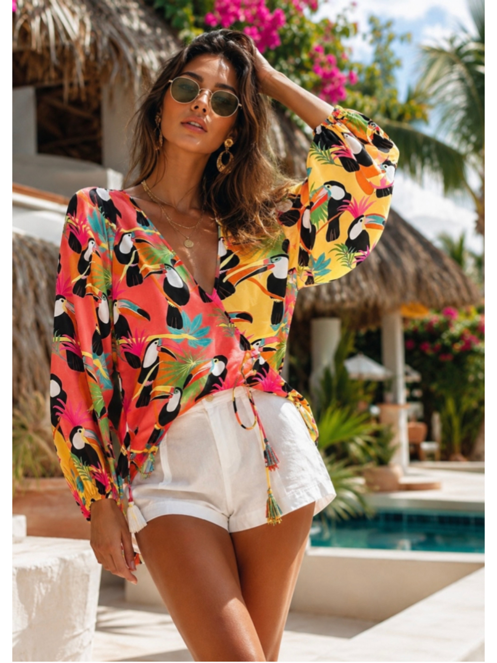 Farm Rio Womans Toucan Print Wrap Blouse Size S Red Yellow Resort